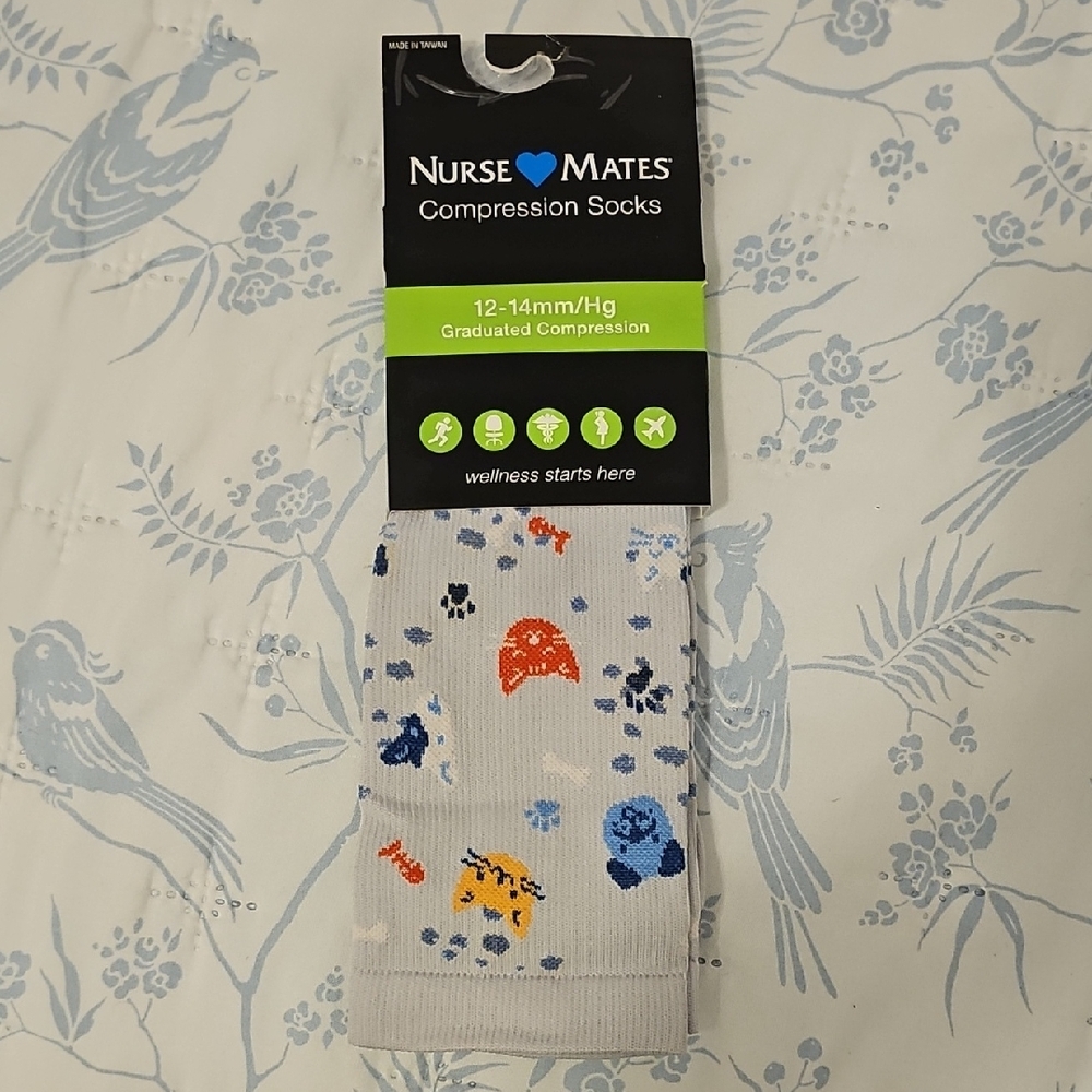 Nurse Mates White Compression Socks with Blue, Navy, Orange and Yellow Cat Print